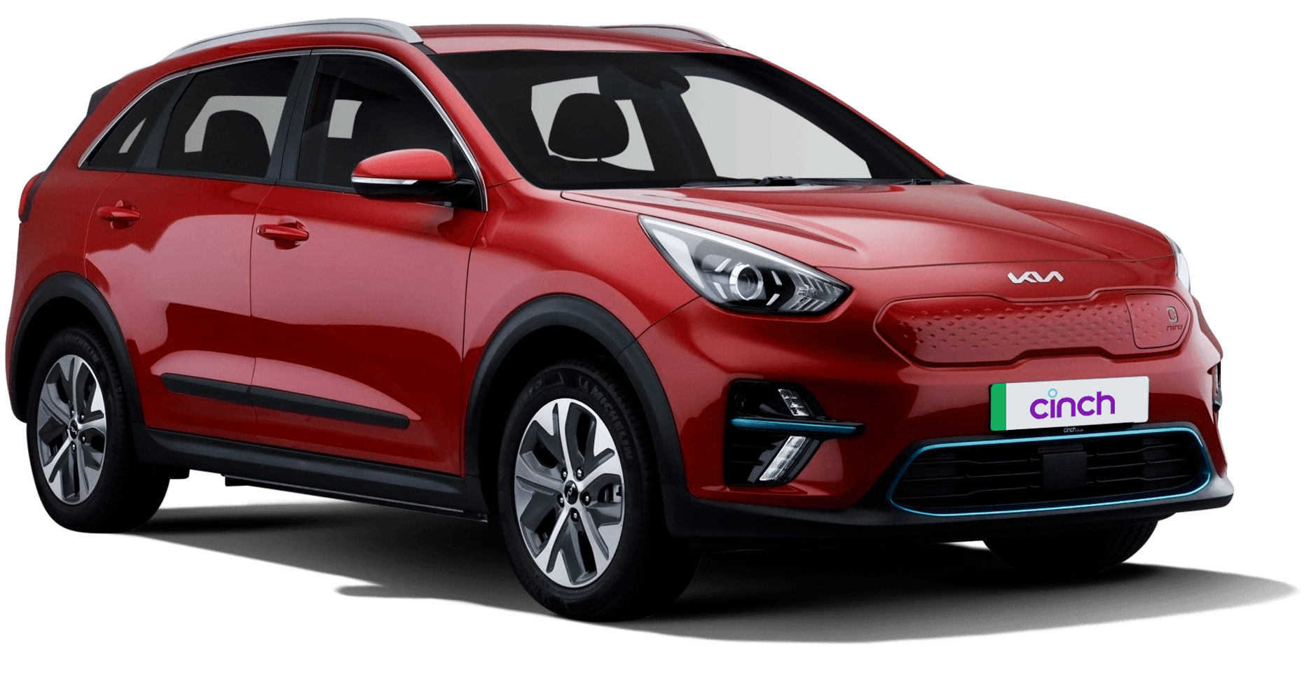 A red used Kia Niro EV facing right in front of a white background